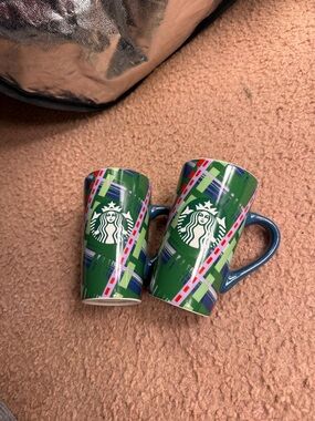 Starbucks Green Plaid Mugs with Blue Handles and Red Accents set of 2